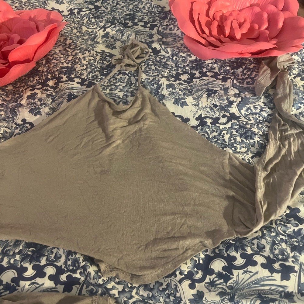 Tan Asymmetrical Tie Front Tank Top